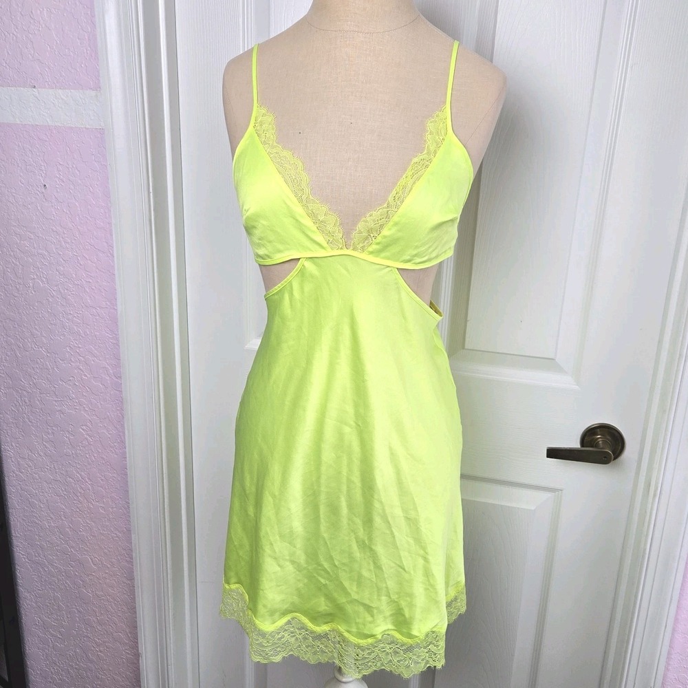 Victoria's Secret Satin Cut-Out Strappy Lace Trim Nightgown Size S Neon Yellow
